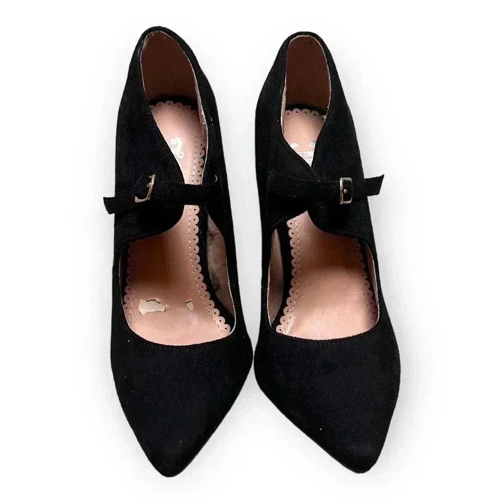 Jg Womens Black Faux Suede Pointed Toe‎ Buckle Pumps Heels Sz 5.5 Classic Sexy